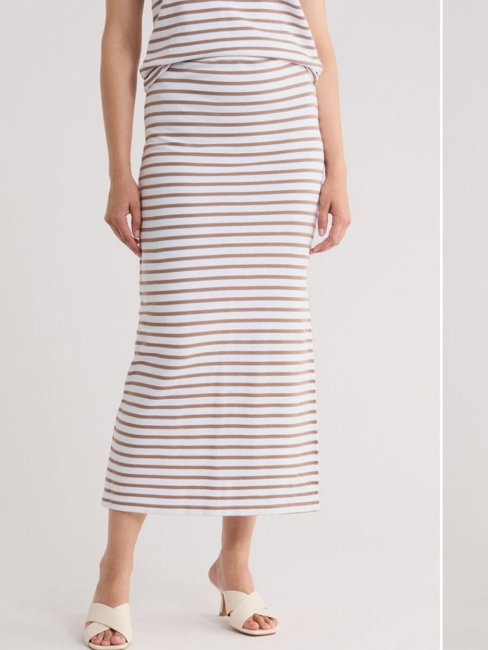 Splendid Almond Brown & White Stripe Side Slit Midi Skirt MSRP $148